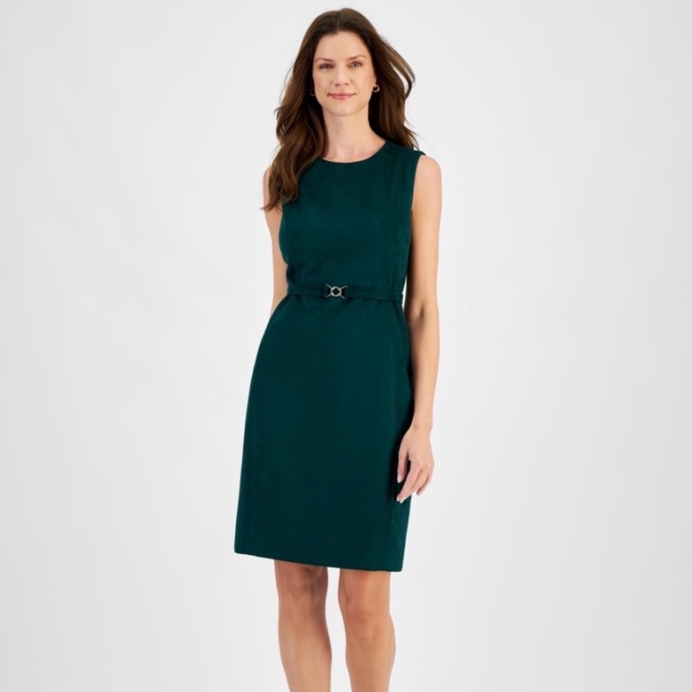 Kasper Sheath Dress Women 18 NWT Evergreen Faux Suede Belted MSRP $99.00